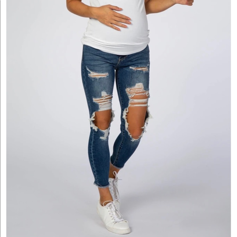 Navy Blue Distressed Crop Maternity Jeans